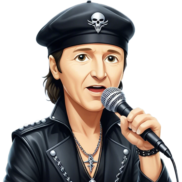 Icon for Rock Music: Klaus Meine with a microphone on the stand performing with Scorpions on stage, with powerful stage presence. The vibe should capture the energetic and iconic sound of Scorpions, with vibrant lighting and a stadium atmosphere. Transparent background. emoji
