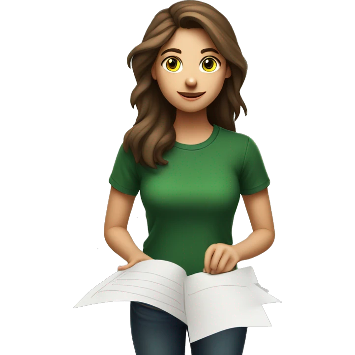 a brown-haired girl in a black T-shirt and green shirt holds a contract on paper in her upraised hand above her head emoji