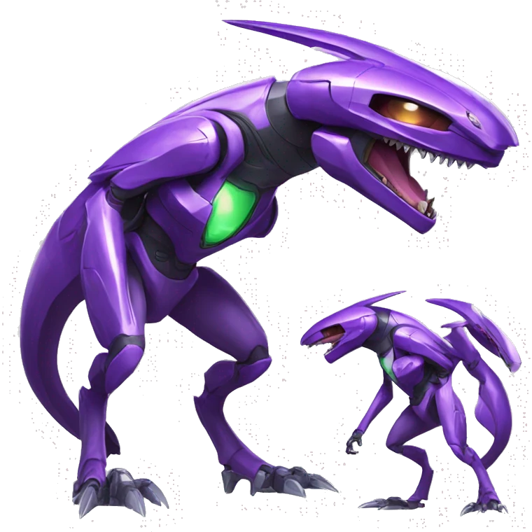 a shiny purple Genesect-Raptor-Fakémon—hybrid with a futuristic visor-helmet full body emoji