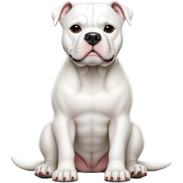 cinematic-[solid white american bulldog]-realistic-full-body-sitting-emoji,-tail-resting-loosely-beside-its-paws,-head-tilted-dramatically,-sleek-[solid white]-fur,-simplified-yet-realistic-focused-features,-highly-detailed,-glowing-with-an-almost-sarcastic-glow emoji