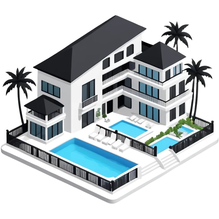 Isometric exterior black and white beach resort hotel, modern dollhouse style 3D realistic  emoji
