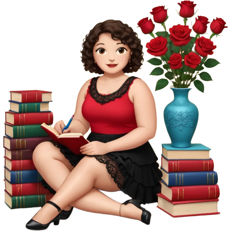 A plus-size brunette woman with short, dark brown curly hair is wearing a red sleeveless shirt and a black lace ruffled skirt. She is sitting on the floor with her legs crossed, holding a crayon in one hand. On the floor are five stacked colorful books and a glass vase with red roses. emoji