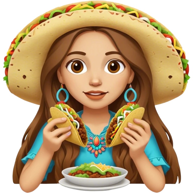 Hippie girl with long brown hair eating tacos emoji