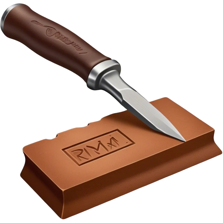 Leatherworking icon, piece of raw leather with started engraving, engraving tool or chisel, stamp or press, textured surface, minimalistic style, clean lines, transparent background. emoji