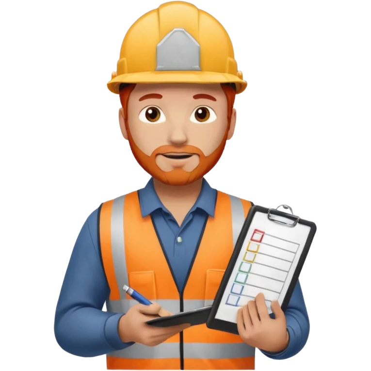 A safety construction worker who is male and has red hair, no beard but slight facial scruff from time to time. He needs a hard hat and maybe a clipboard with a check list for his safety checks. emoji