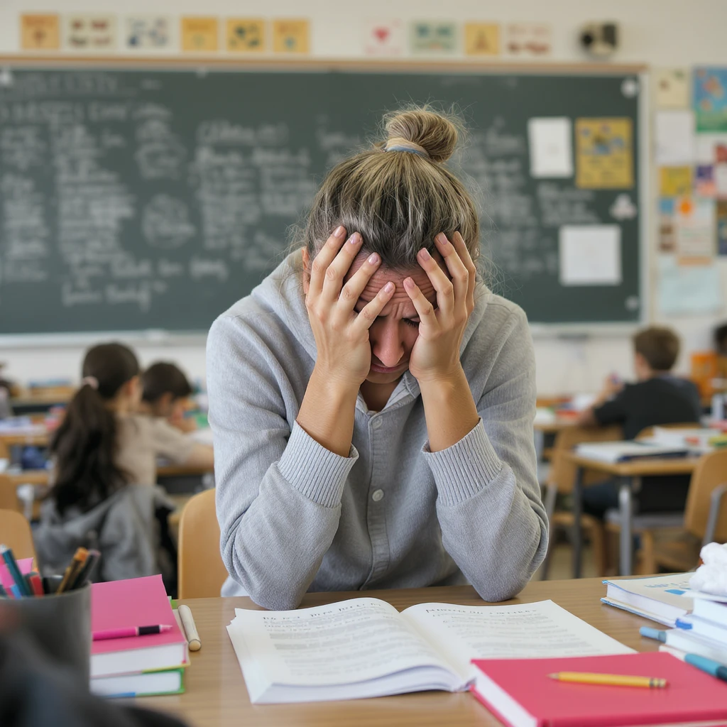 exhausted teacher in a bustling classroom emoji
