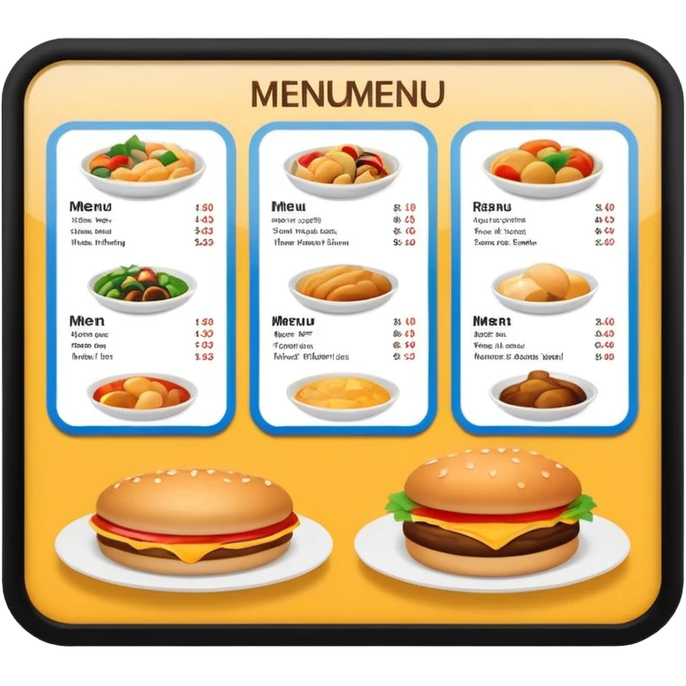 digital menu board with menu of restaurant items not emoticons emoji