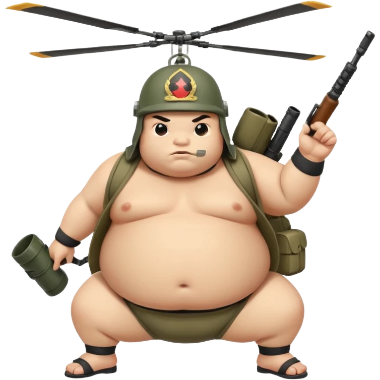 A fat sumo fighter holding a RPG with a army helmet and he’s hanging off a side of a helicopter  emoji