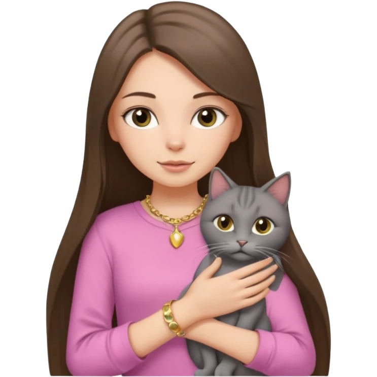 a white girl with brunette long straight hair holding a grey cat. the girl has long lashes and has on a pink shirt and gold jewelry. emoji