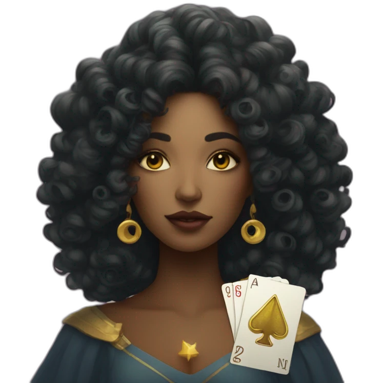 woman with curls and a tarot card with gold star on her had emoji
