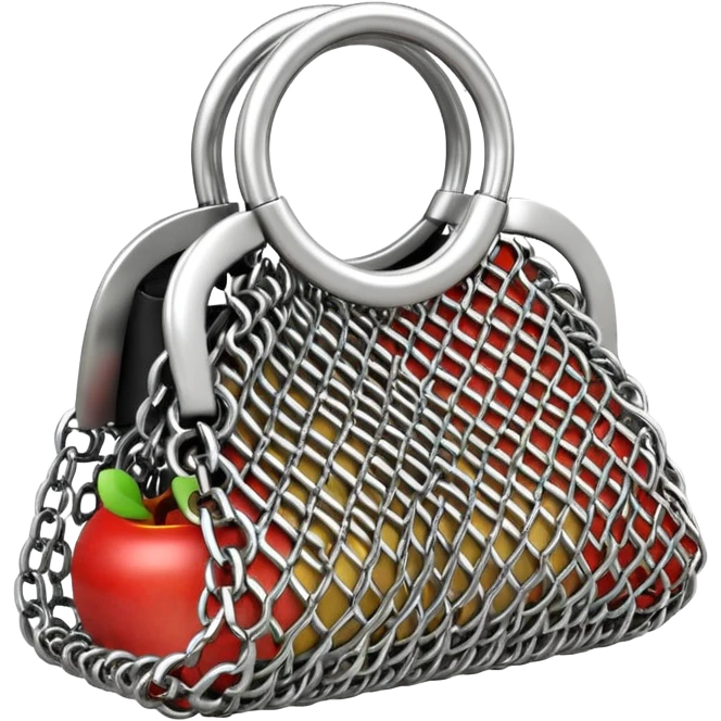 3D render of Mesh Purse, made of interlocking chainmail metal rings, wire mesh texture, visible holes and negative space, metallic silver and grey, high contrast shadows, Apple emoji style, isolated on white background --v 6.0. emoji