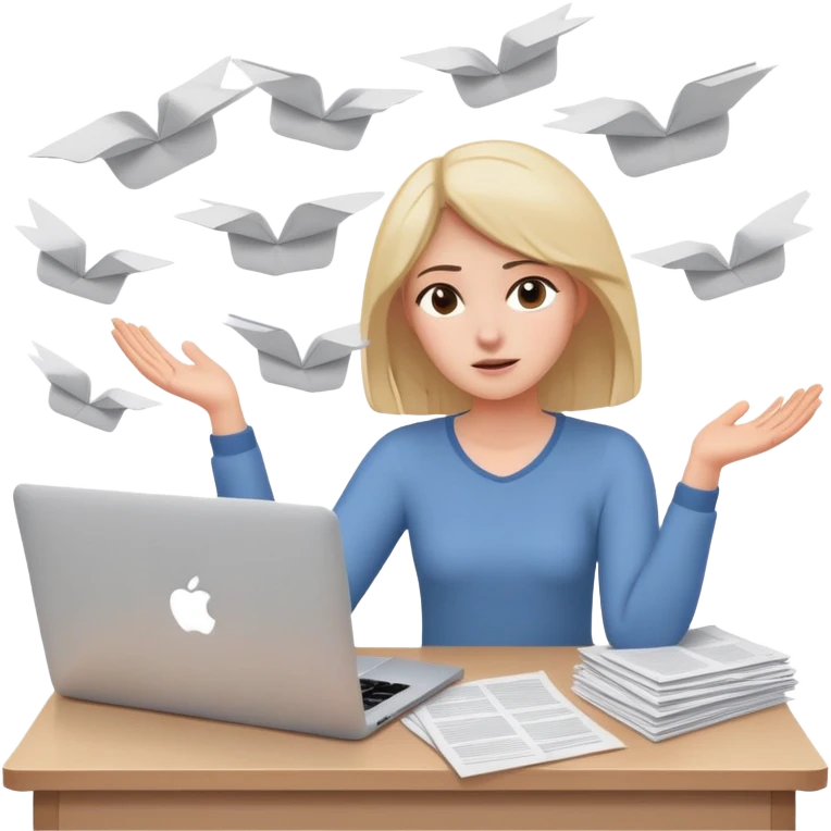 tired woman sitting at a desk with a MacBook, holding her arms out to the side, surrounded by flying papers emoji