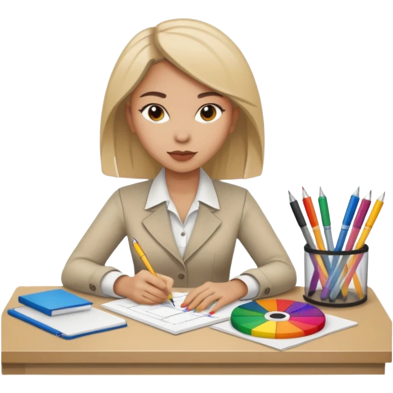 female graphic designer , color wheel, pens, papers , desktop emoji