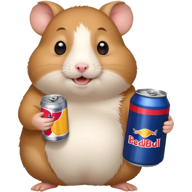 Funny cartoon-style fat hamster wide eyed with a can of redbull emoji