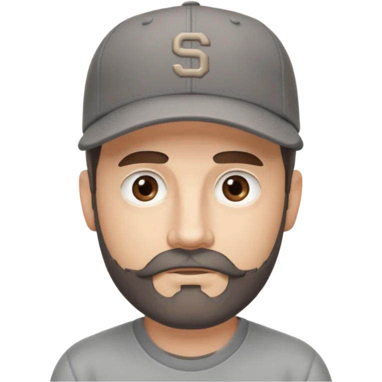 white male with dark brown goatee beard and moustache with grey tones wearing a grey baseball cap back to front with hazel eyes emoji
