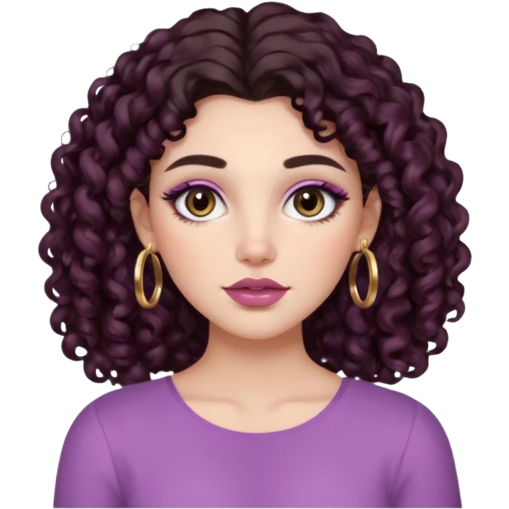 Woman with long dark brown curly 2b hair, big brown eyes, thick brows, fair/light-medium skin, rosy blush, glossy mauve lips, gold hoops, and soft natural glam makeup. emoji