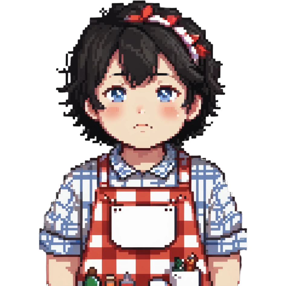 chubby boy with black hair styled upward in front, wearing a red and white checkered plaid apron emoji