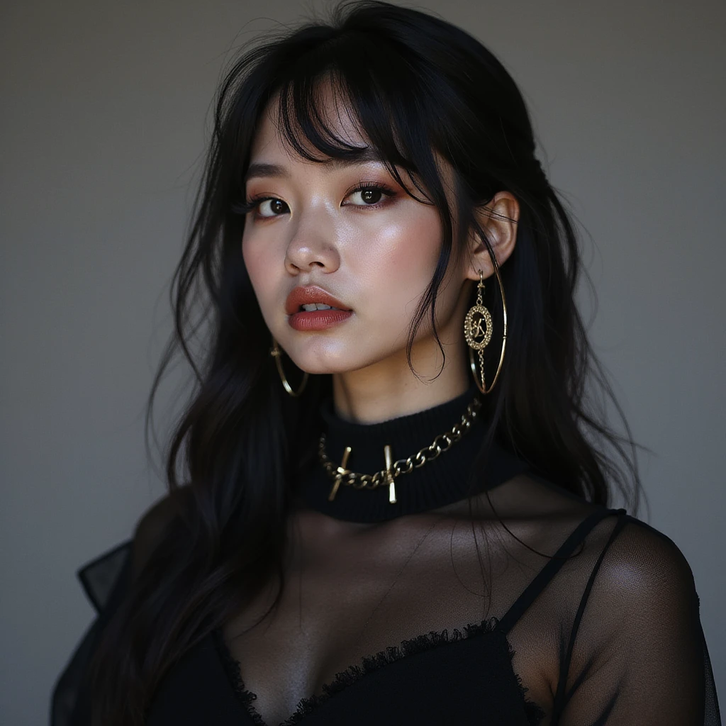 realistic portrait of a K-pop idol inspired by Blackpink, photorealistic style, dramatic lighting, stylish outfit, fierce attitude emoji
