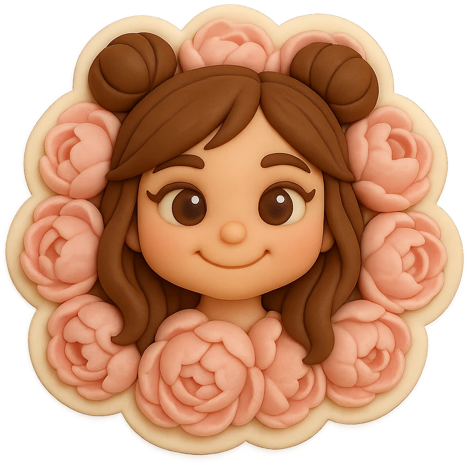3D chibi fondant cake art style, high-quality rendering with smooth shadows and soft gradients. Girl based on reference image with preserved facial features and eye shape exactly as in the reference. Long brown hair in two space buns, brown eyes, thick white outline like a sticker, transparent background. Her smiling face is framed by a thick ring of giant soft pink peonies, only her head visible, flowers are lush and dense. emoji