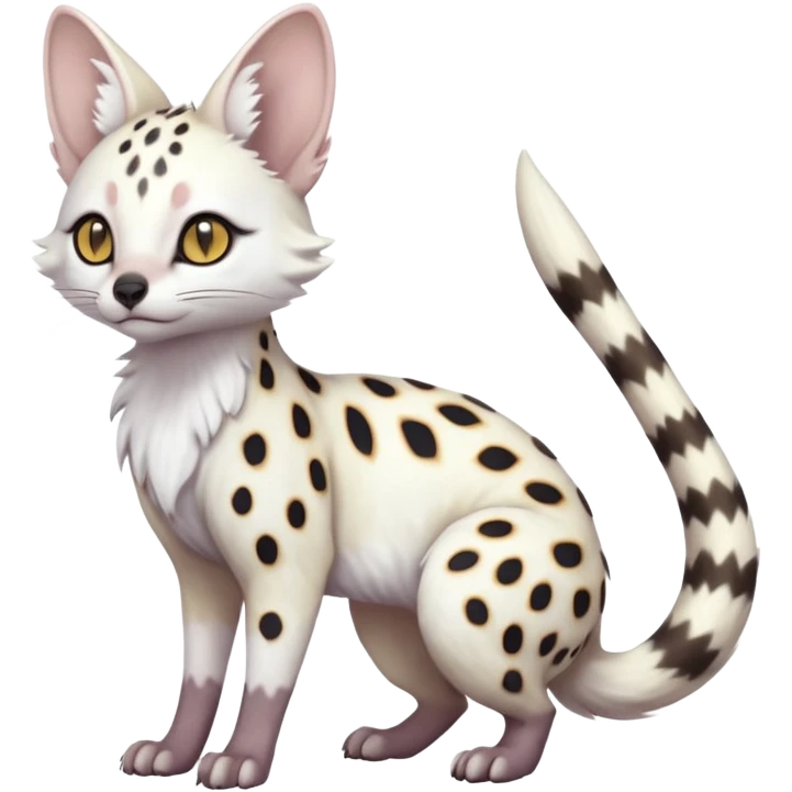 White Albino grey-spotted Serval-Civet-Genet-Trico-Furret-Linoone-Fakémon-Pokémon-animal-hybrid-fusion-creature (full body) with vibrant glowing eyes, cute, elegant, soft, realistic, pastel fur emoji