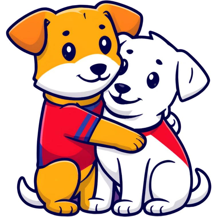 Perro con camisa del barca abraza otro perro con camisa del madrid emoji