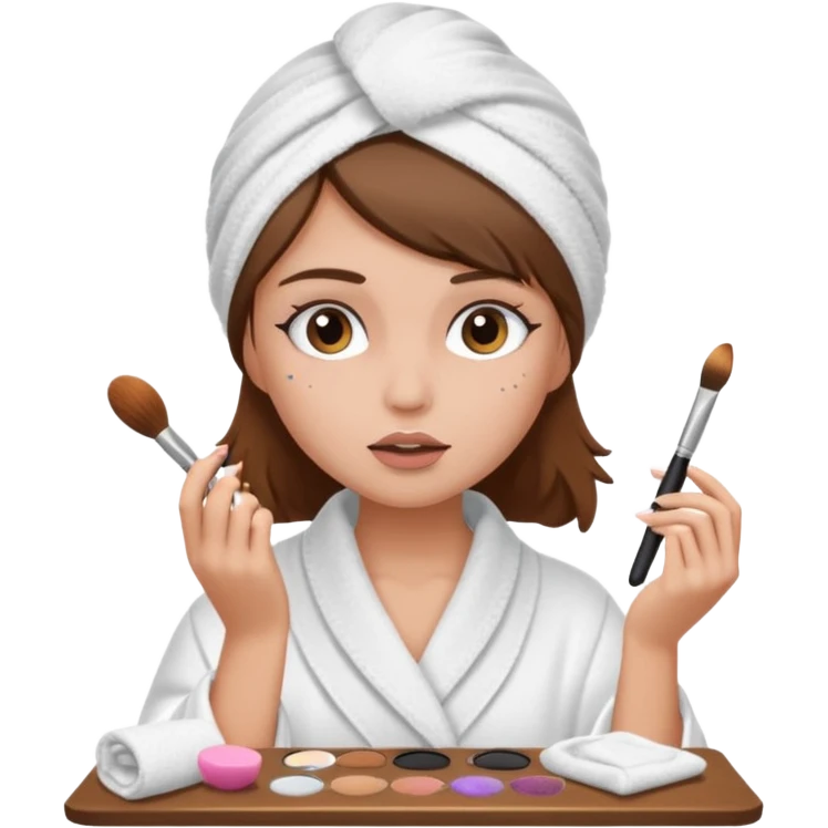 Girl with brown hair in white dressing gown and white towel wrapped in her head doing her makeup emoji