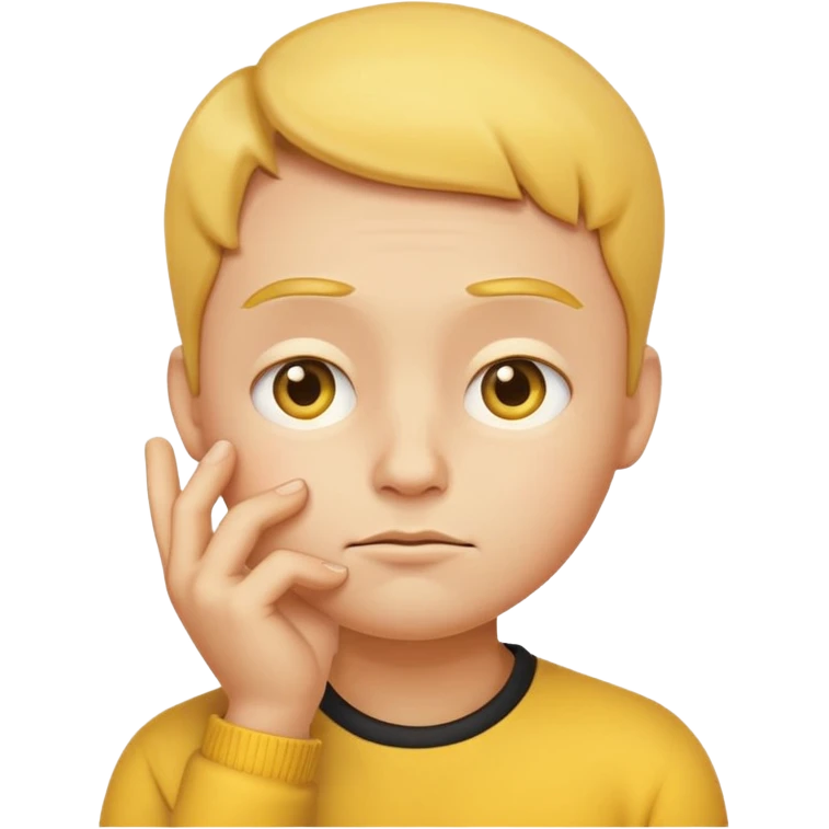 a detailed 3D render of a thoughtful face emoji, yellow round face with raised eyebrows, one hand touching chin, expressive eyes, digital art style, clean background emoji