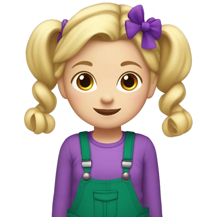 A little blonde girl with pigtails and little purple bows wearing a red long-sleeved shirt and purple overalls skirt with blue tights with green polka dots and purple sneakers. emoji