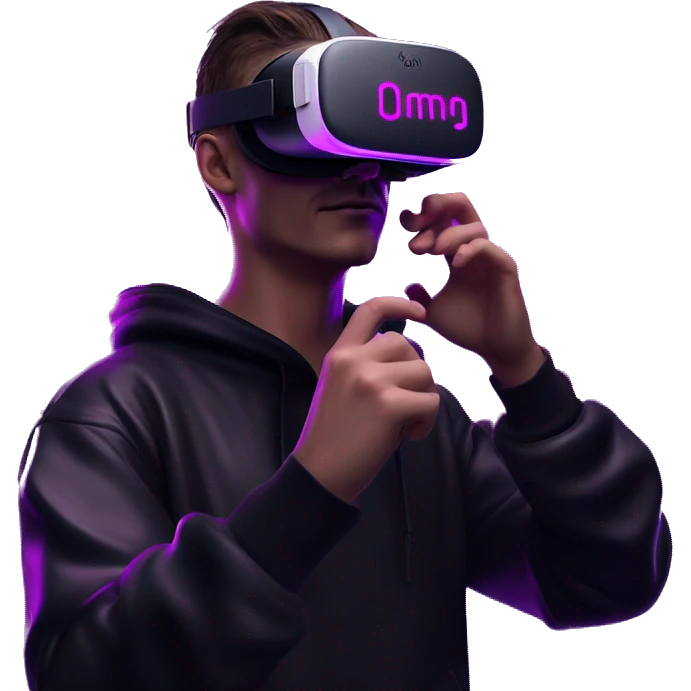 Russian man wearing a black hoodie with "OMG" letters on it and VR headset oculus quest 2 in a cyberpunk VR environment with violet neon lighting. Showing direction with hand emoji