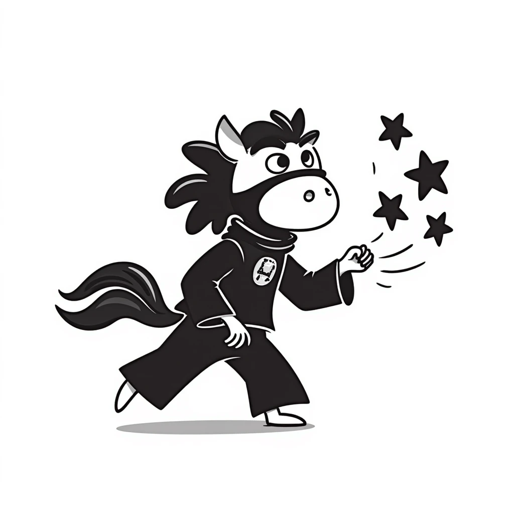 Mystical water horse with ninja outfit, throwing ninja stars emoji