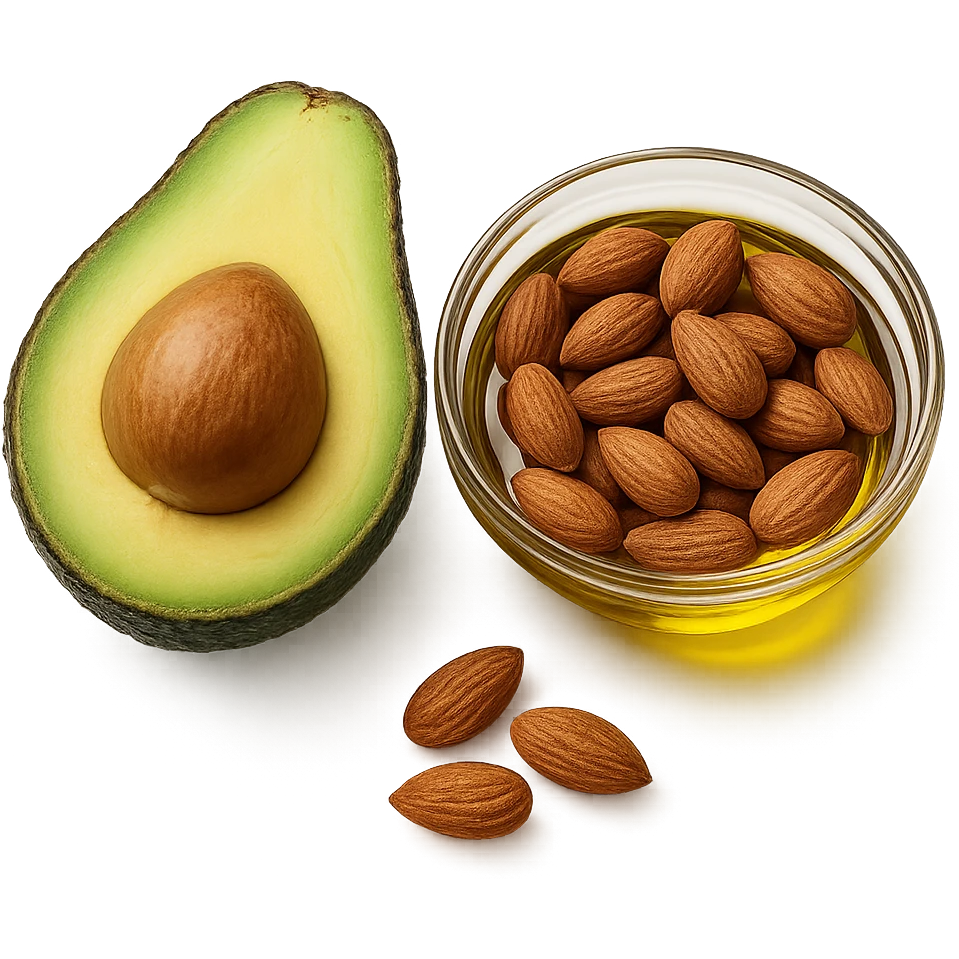 AVOCADO, BOWL DI MANDORLE E OLIO DI OLIVA, iperrealistico 4k, ISOLATA SU SFONDO BIANCO emoji