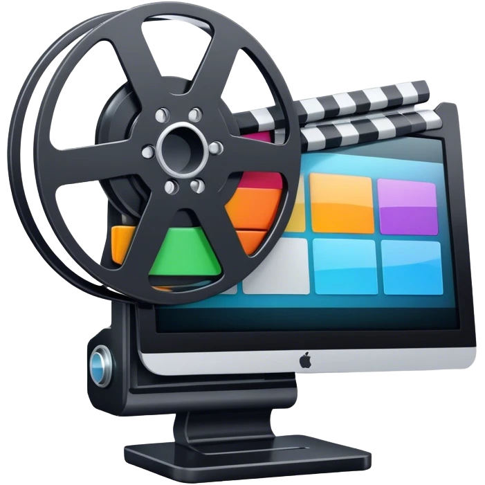 Create a vibrant and modern icon representing Animation and Motion Design, featuring elements like a film reel, a computer screen, dynamic motion lines, and a cinematographic film strip on an editing table. The design should be colorful, and dynamic, without any emojis. The background's transparent. emoji