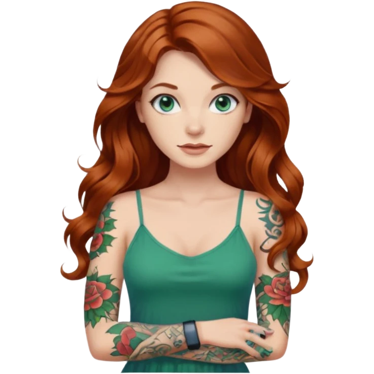 Long wavy Auburn hair woman BLUE eyes wearing green cami  dress and tattoo sleeve emoji