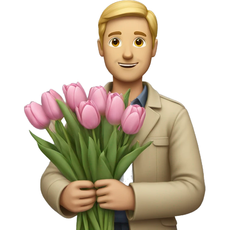 White man holding Bouquet of pink tulips emoji