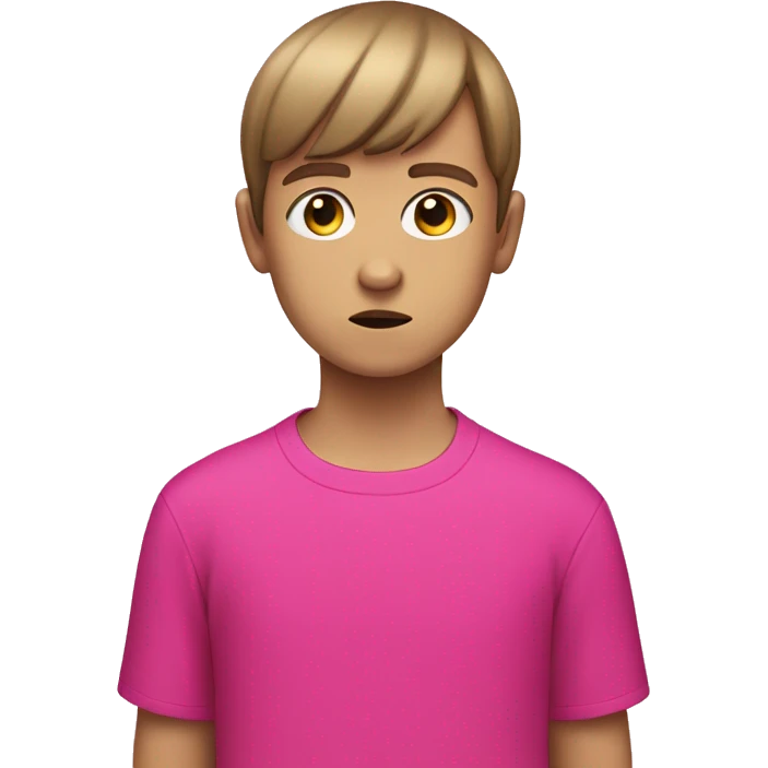white boy Boy with a brown bowl-cut wearing bright pink clothes being sad emoji