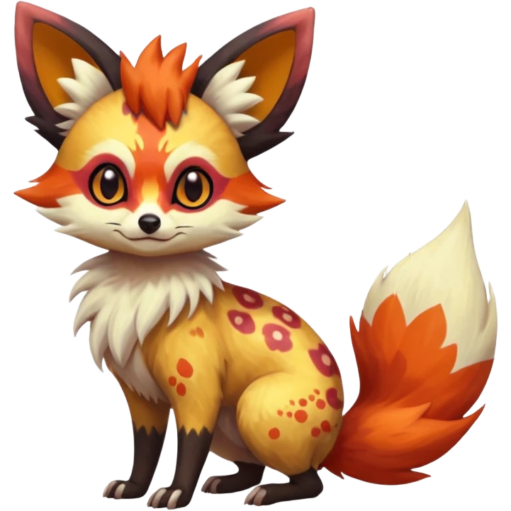 Rare realistic cool cute epic aesthetic colorful Fennekin-Zorua-Civet-Genet-species-Fakemon-hybrid-creature, with splotches and rosette markings, full body emoji