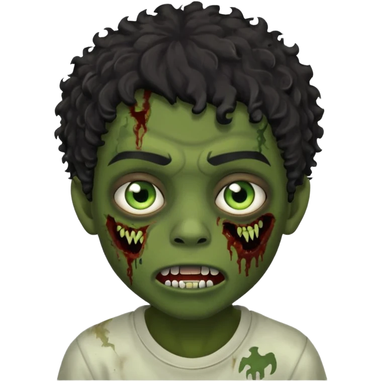 menino com cabelo cacheado preto e olhos marrons, com boca de zumbi emoji