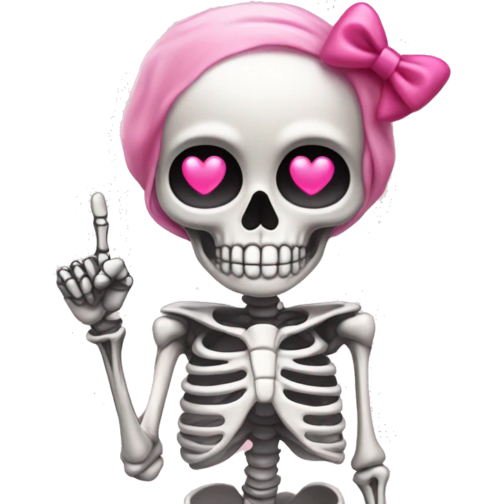 Cute skeleton w pink bow on head and pink heart eyes giving middle finger emoji