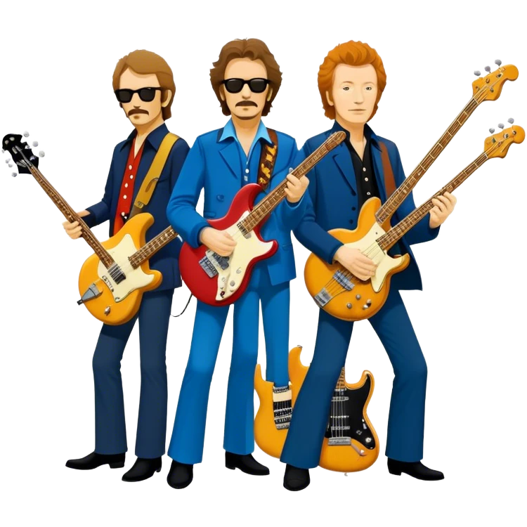Icon for Blues Rock: collage of the band Cream, with silhouettes of the members (Eric Clapton, Jack Bruce, Ginger Baker) and symbolic items like guitars, drums, and bass. The design should convey the powerful, energetic vibe of the band's music. Transparent background. emoji