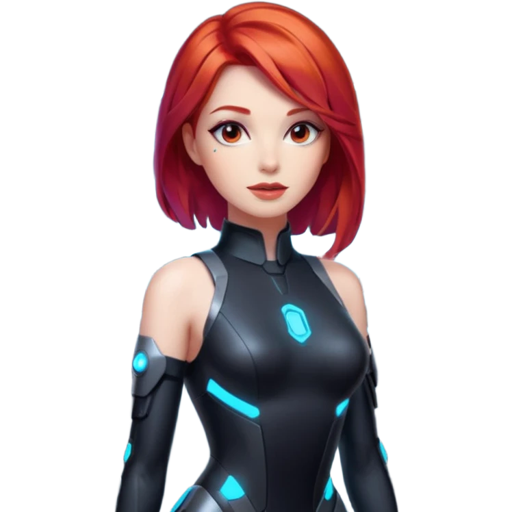 an AI agent, futuristic, digital, glowing, red hair, sexy dress emoji