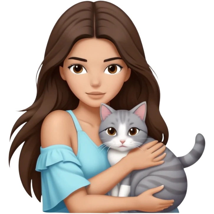 Kendall Jenner long hair with beach outfit hug one grey white cat emoji