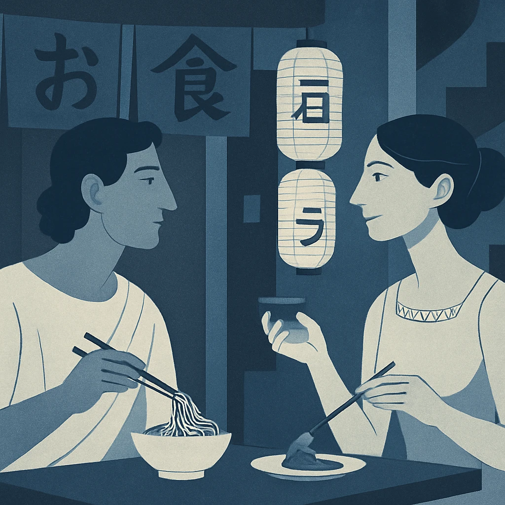 roman style illustration of couple dining in Japanese street cafe, avoid warm colors
 emoji