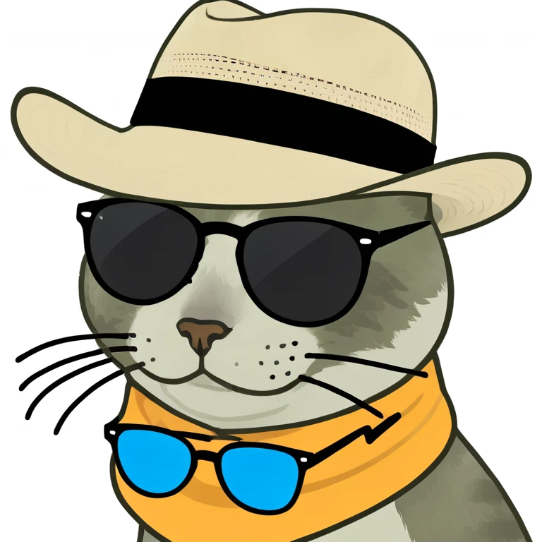 a cat in a summer panama hat with large brim, wearing sunglasses, lying on its stomach with its head resting on the ground emoji