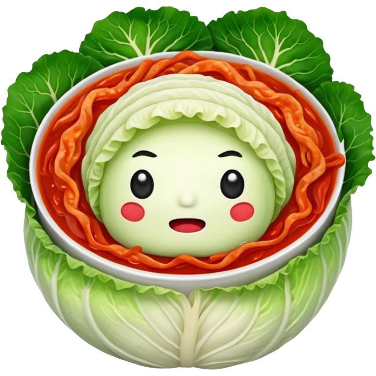 Korean kimchi sliced cabbage, all parts red with red sauce, no face emoji