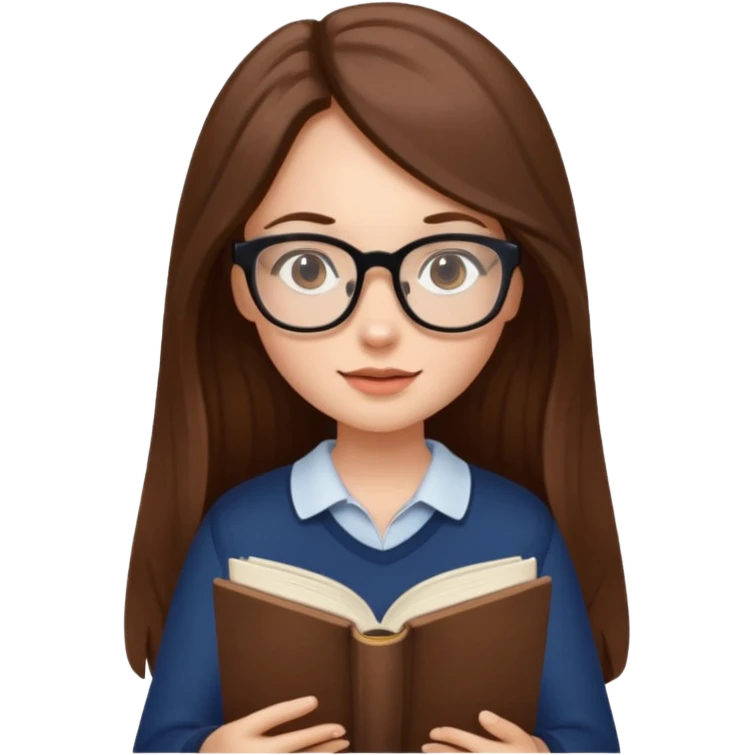 beautiful girl long brown hair, wear glasses, reading a book  emoji