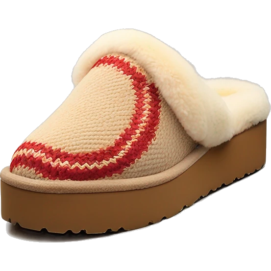 Camel slip-on slippers. red thin woven zig-zag line only encircling the top opening, and a chunky thick platform sole. “UGG” emoji