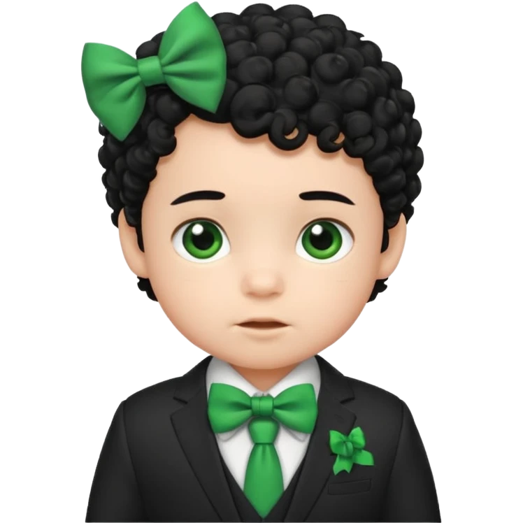 baby boy curly black hair in suit, with green bow emoji
