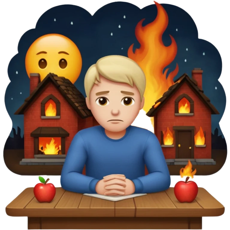 a man sits sadly at a table, a house burning at night behind him, apple style emoji emoji