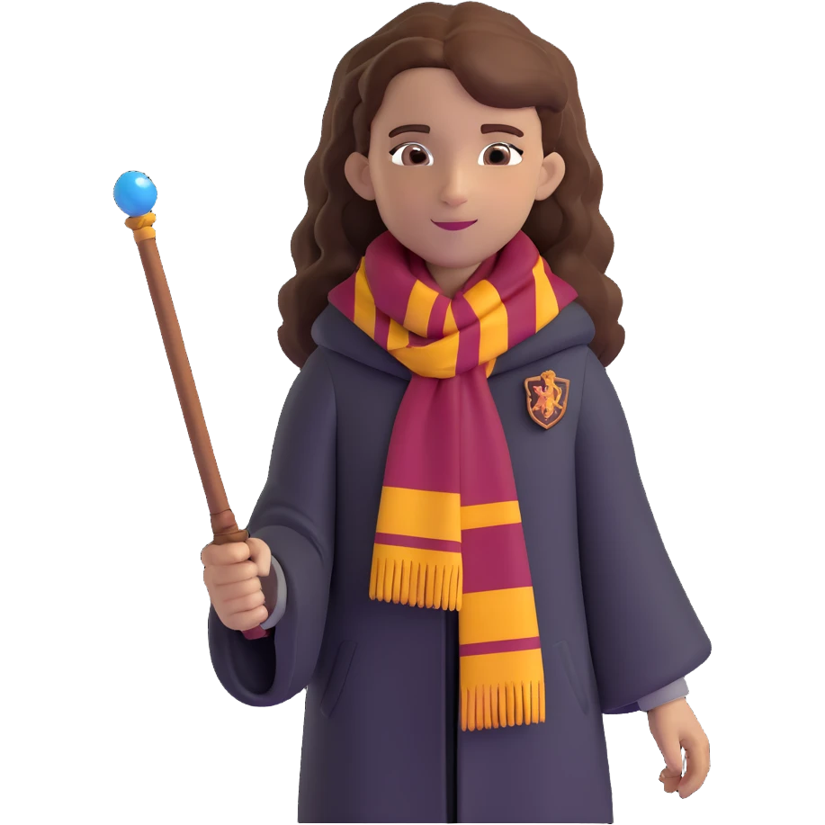 Hermione Granger with wand and Gryffindor scarf emoji