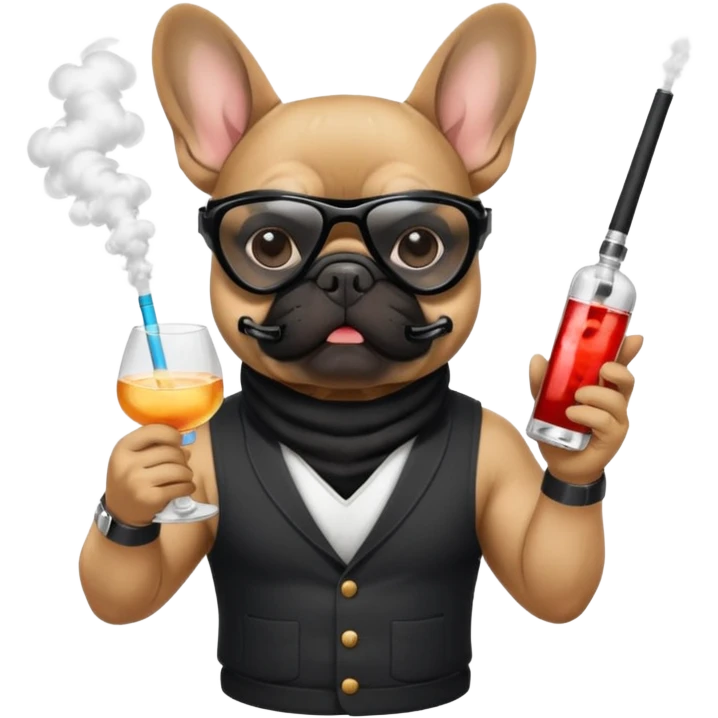 A French bulldog with a vodka and vape  emoji